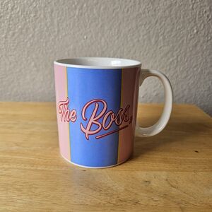 Ted Lasso “Biscuits with The Boss” Coffee Mug Pink Blue Striped Ceramic Cup 11oz